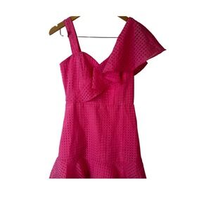 Day + Moon hot bubblegum Barbie pink Pink Textured One Shoulder Ruffle Dress S